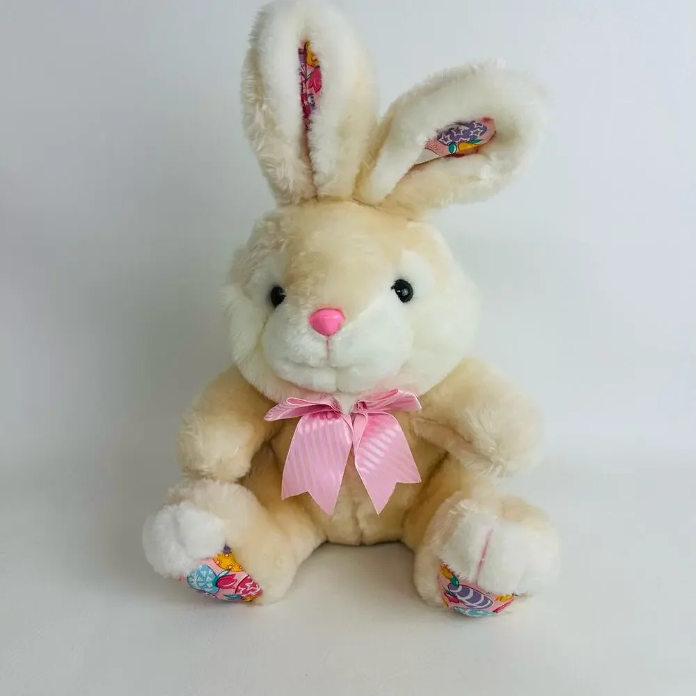 Cuddle Wit Bunny Rabbit Plush Stuffed Animal Tan White‎ Pink Bow Egg Print 15”